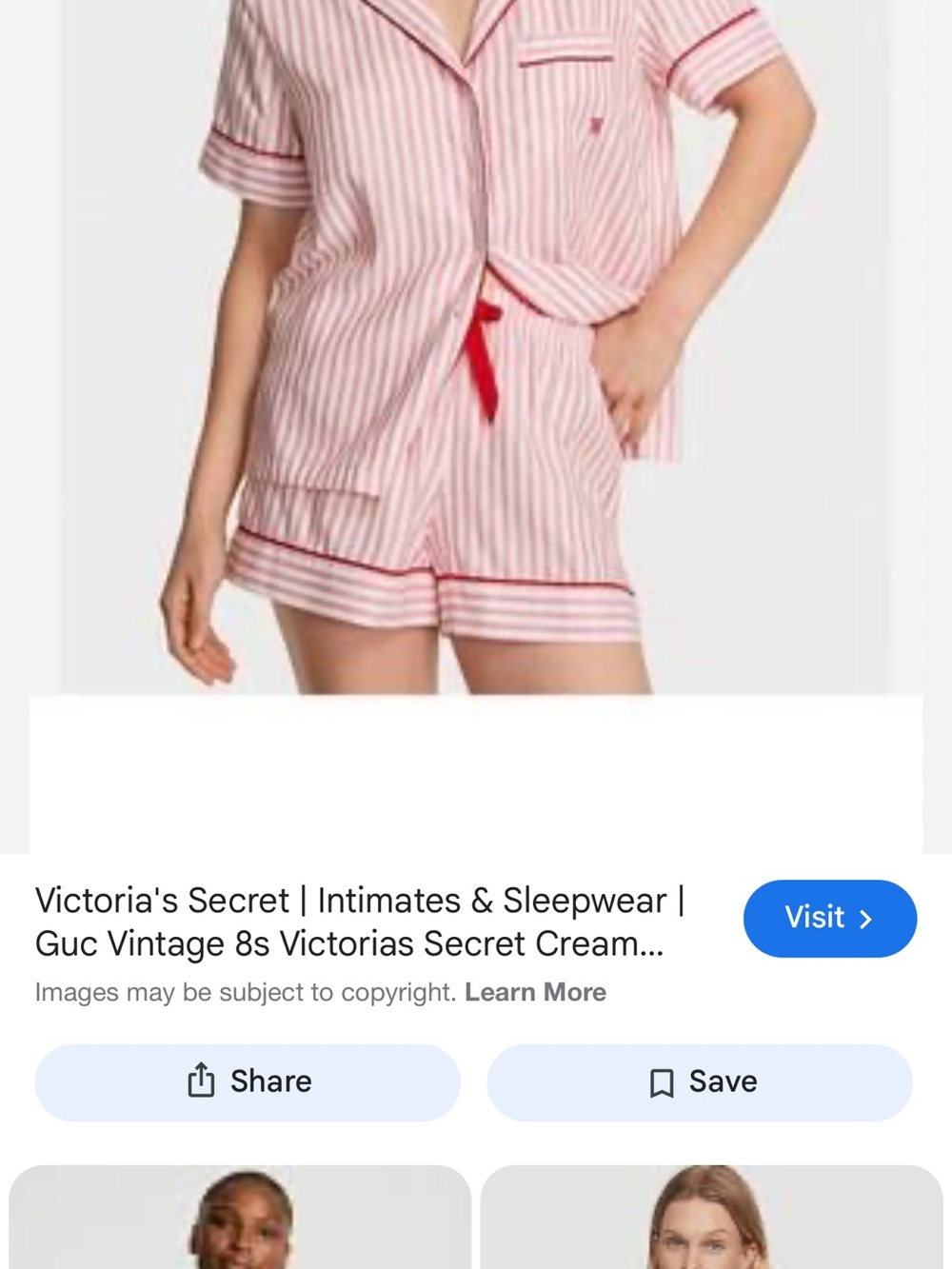 Victoria's Secret Cream & Pink Striped Short Pajama Set with Red Trim